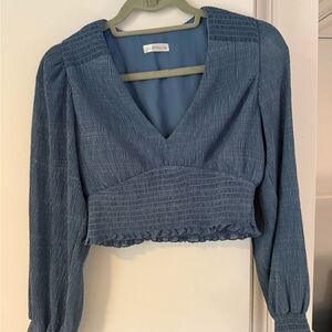 & Other Stories Textured Blue V-Neck Blouse